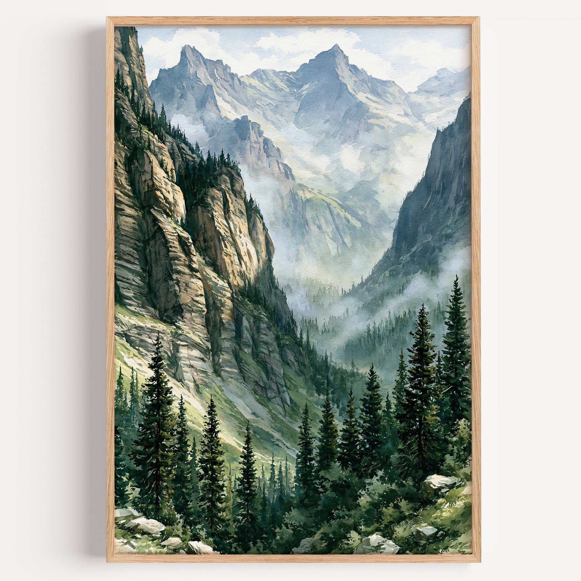 Glacier National Park watercolor art print: misty hanging valley below glaciated peaks with dark conifer slopes
