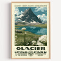 Glacier National Park vintage WPA poster in a wood frame, a sharp horn peak above an alpine lake and beargrass meadow