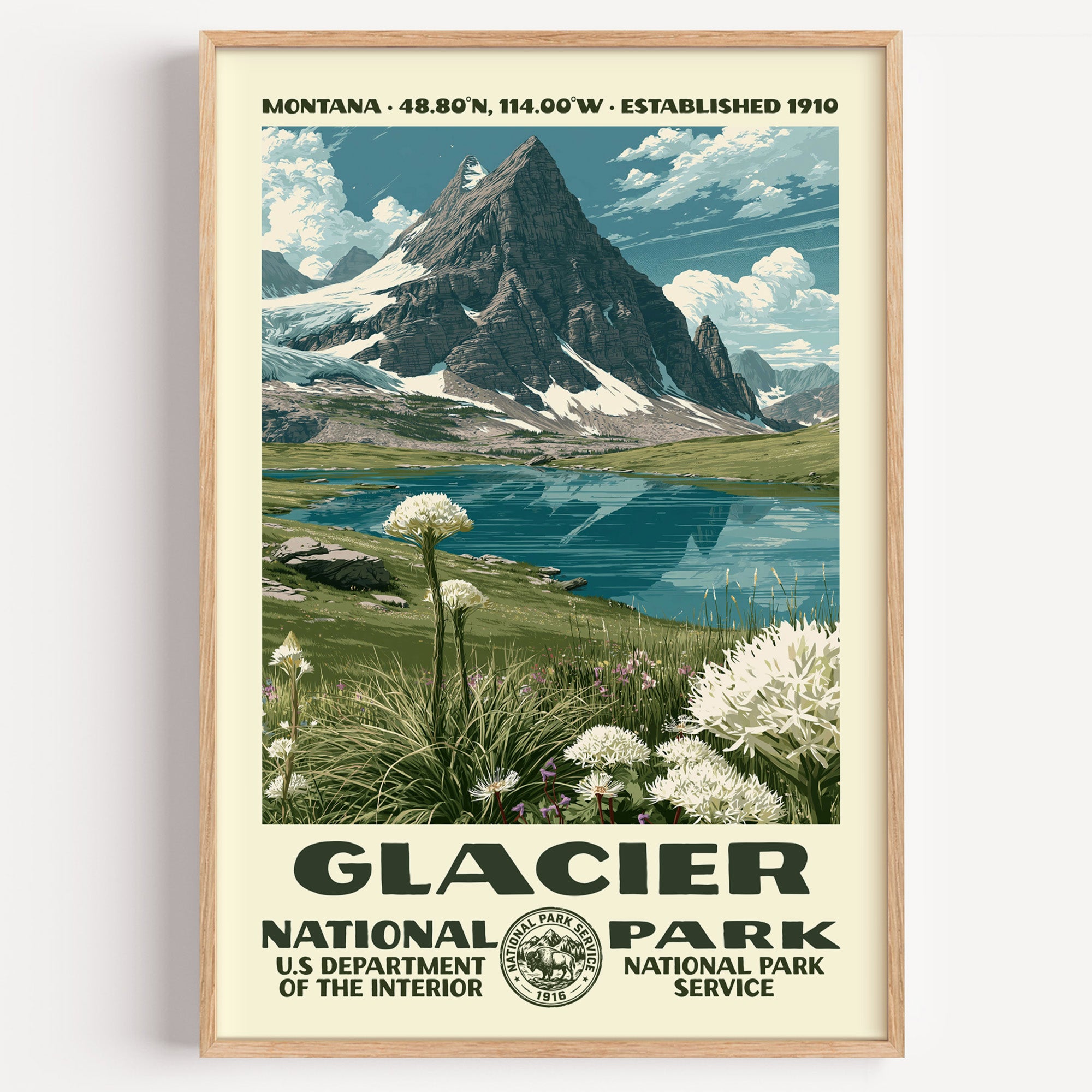 Glacier National Park vintage WPA poster in a wood frame, a sharp horn peak above an alpine lake and beargrass meadow