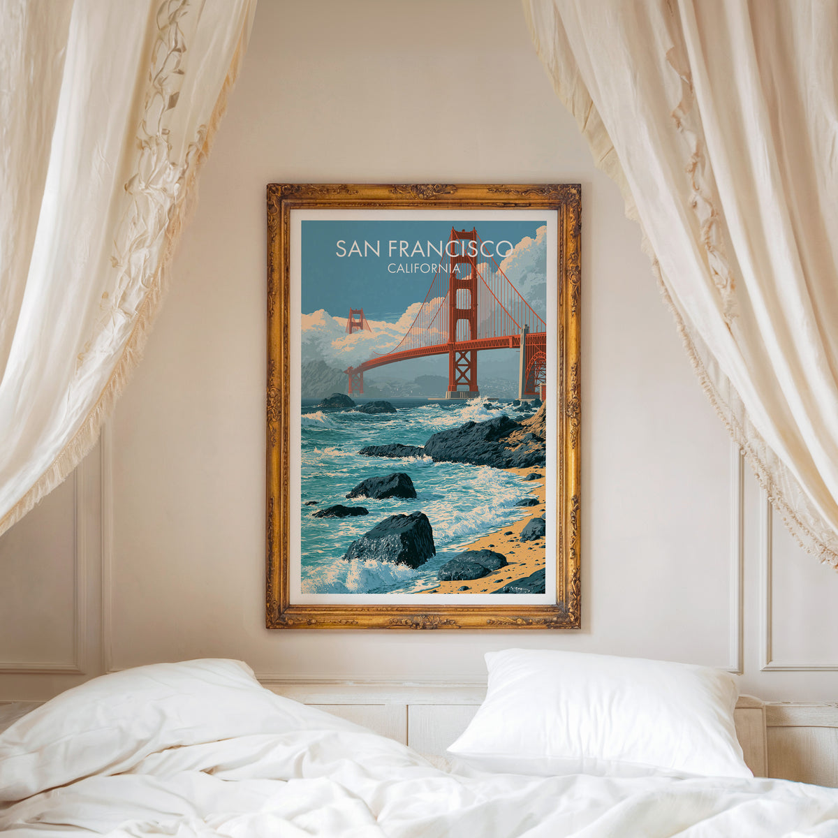 Golden Gate Bridge print in a carved gold frame above a white headboard with a linen canopy.