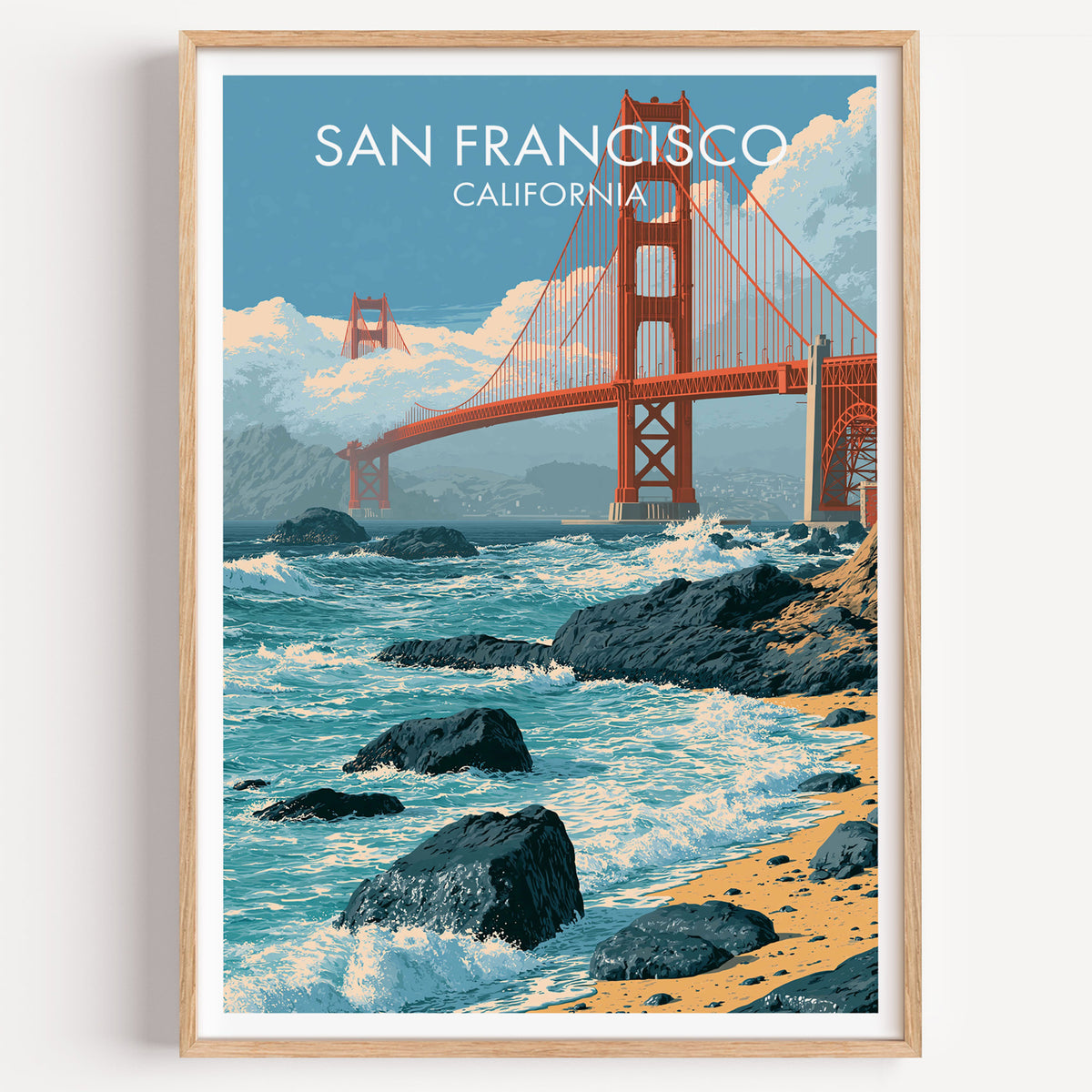 Golden Gate Bridge travel poster in an oak frame on a plain white wall, shot straight on.