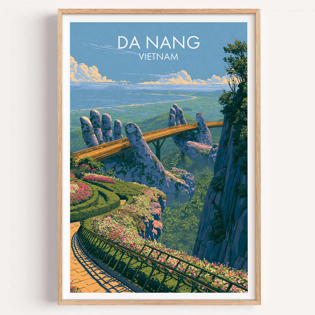 Golden Bridge Da Nang Vietnam travel poster in a natural wood frame, shown against a clean white wall
