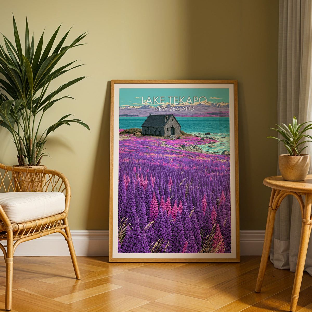 Tekapo lake art in an oak frame on herringbone parquet with an olive wall and rattan chair