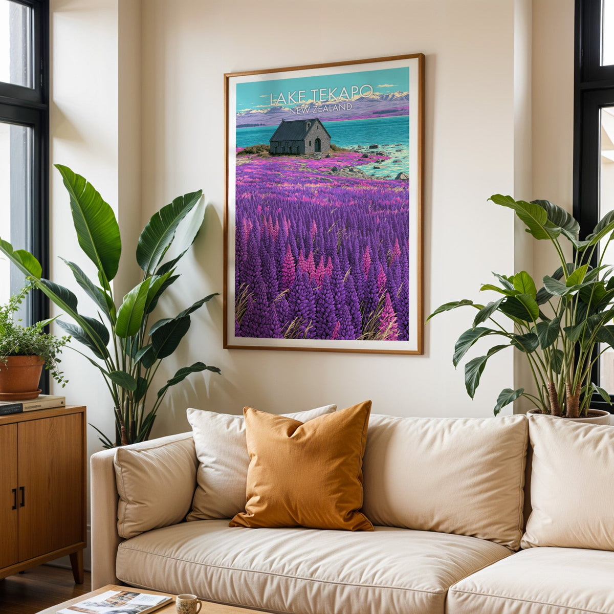 Good Shepherd chapel wall art in oak above a cream sofa with a burnt-orange cushion and plants