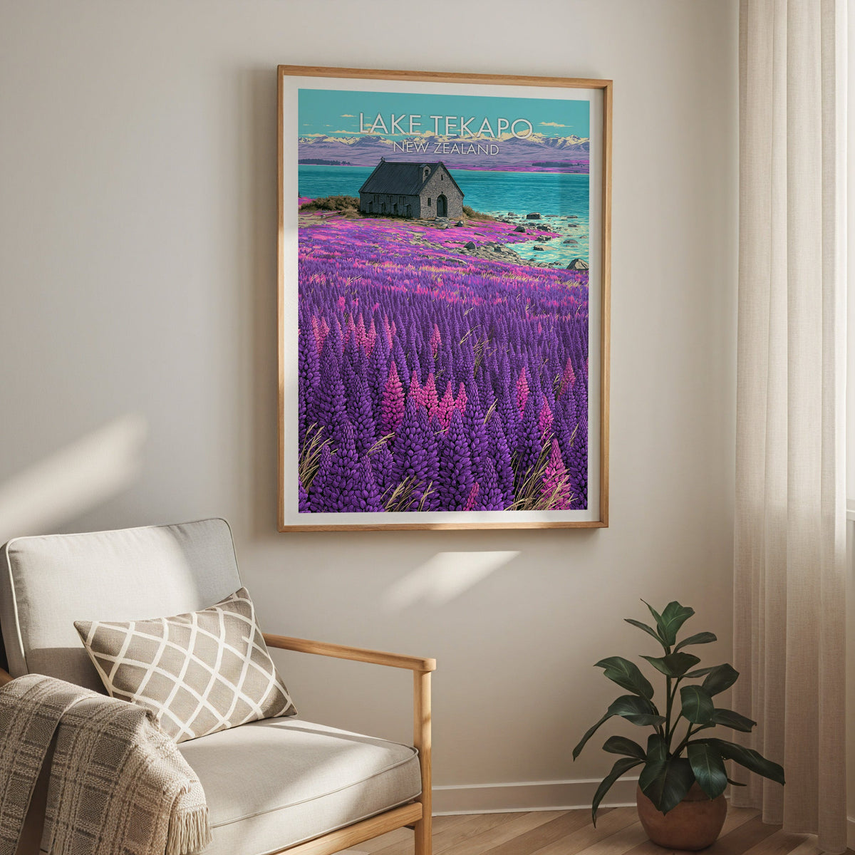 Violet flower field print in oak above a cream armchair with a sheer curtain and rubber plant