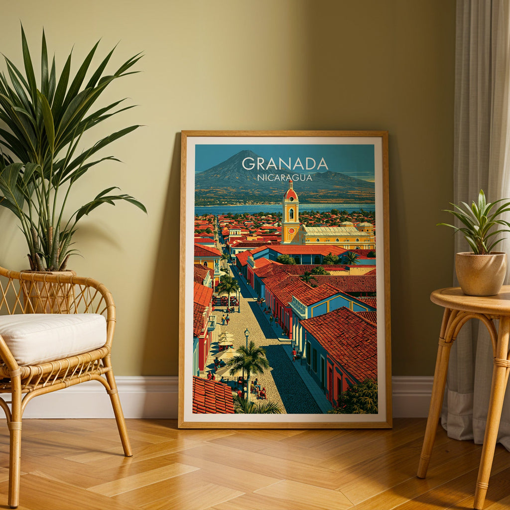 Volcano across the lake in an oak frame leaning on herringbone parquet, rattan chair and cane side table