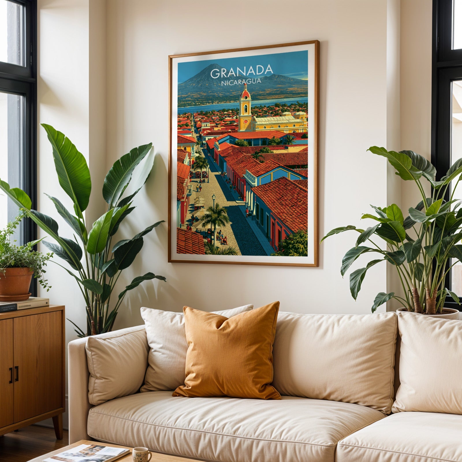 Burnt-orange tiles under a teal sky, oak frame above a cream sofa with an orange cushion and tall plants