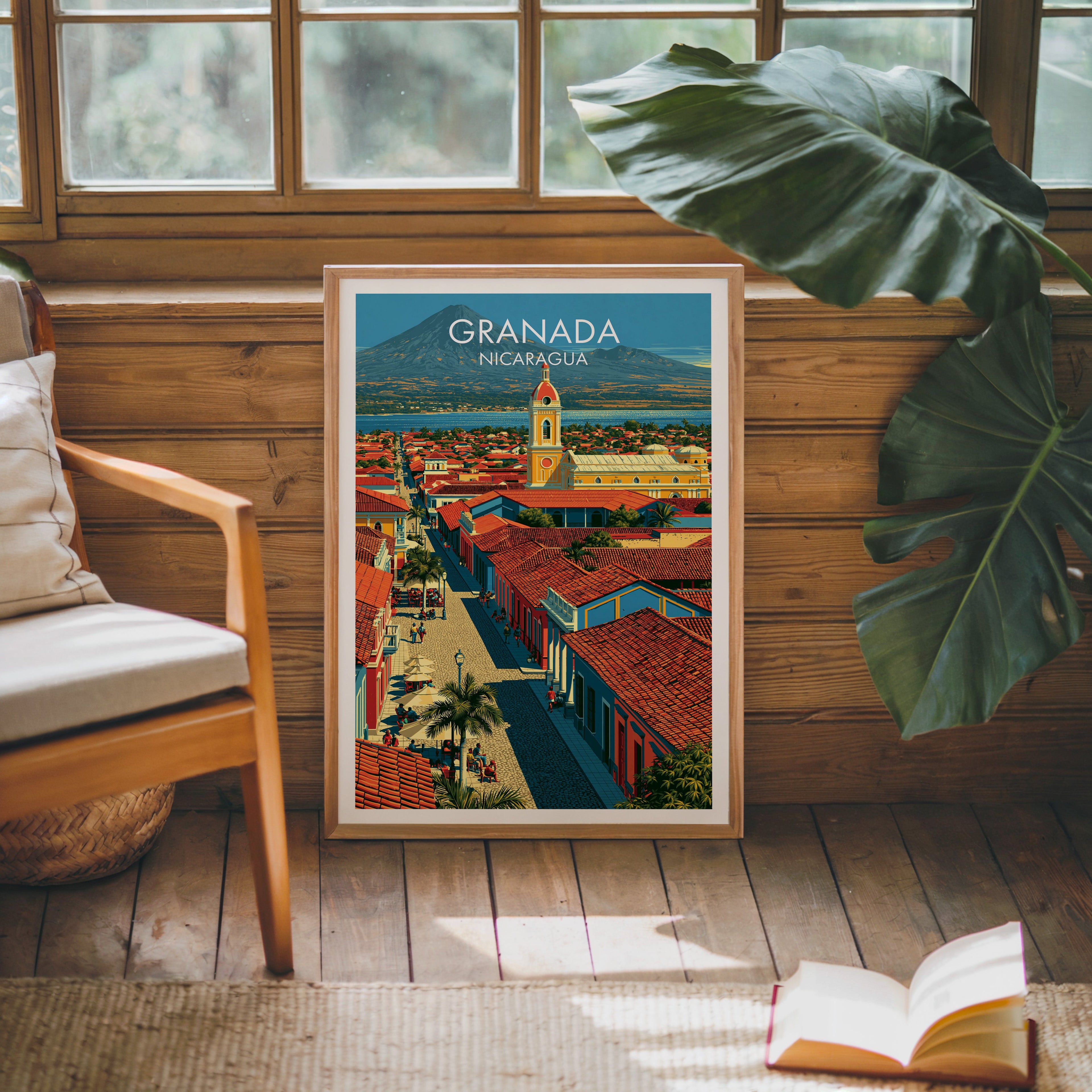Granada poster in an oak frame leaning on a pine cabin wall, wooden armchair, monstera leaf and jute rug