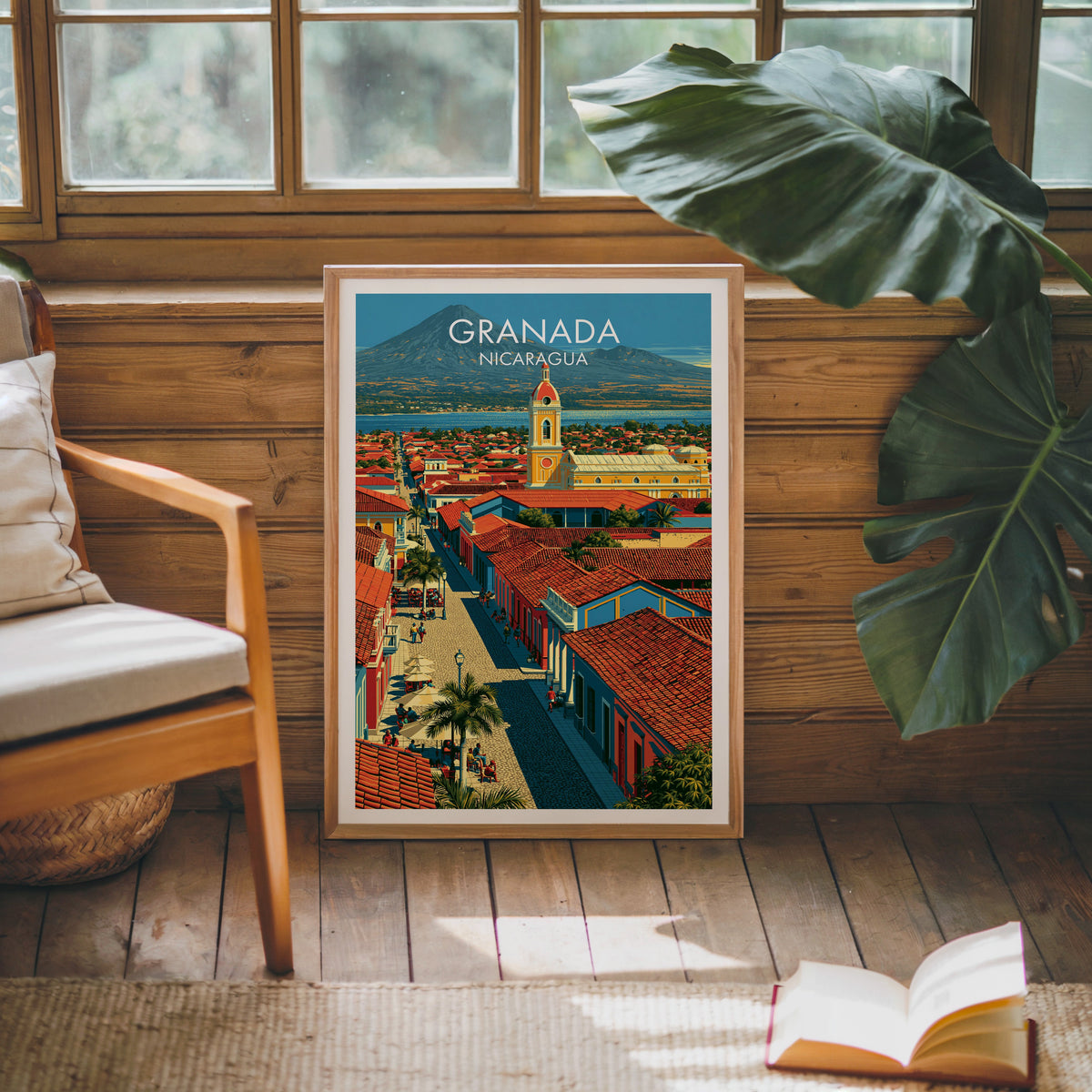 Granada poster in an oak frame leaning on a pine cabin wall, wooden armchair, monstera leaf and jute rug