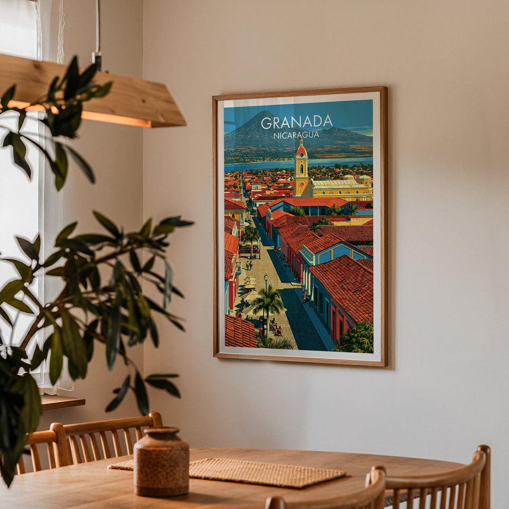 Yellow tower with a red dome, oak frame in a dining corner with spindle chairs and a wood pendant lamp