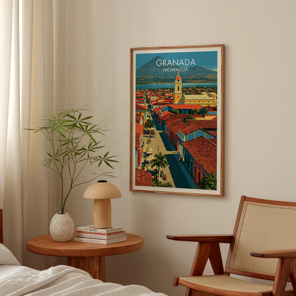 Rooftops running down to the water, oak frame in a bedroom above a round bedside table with a mushroom lamp