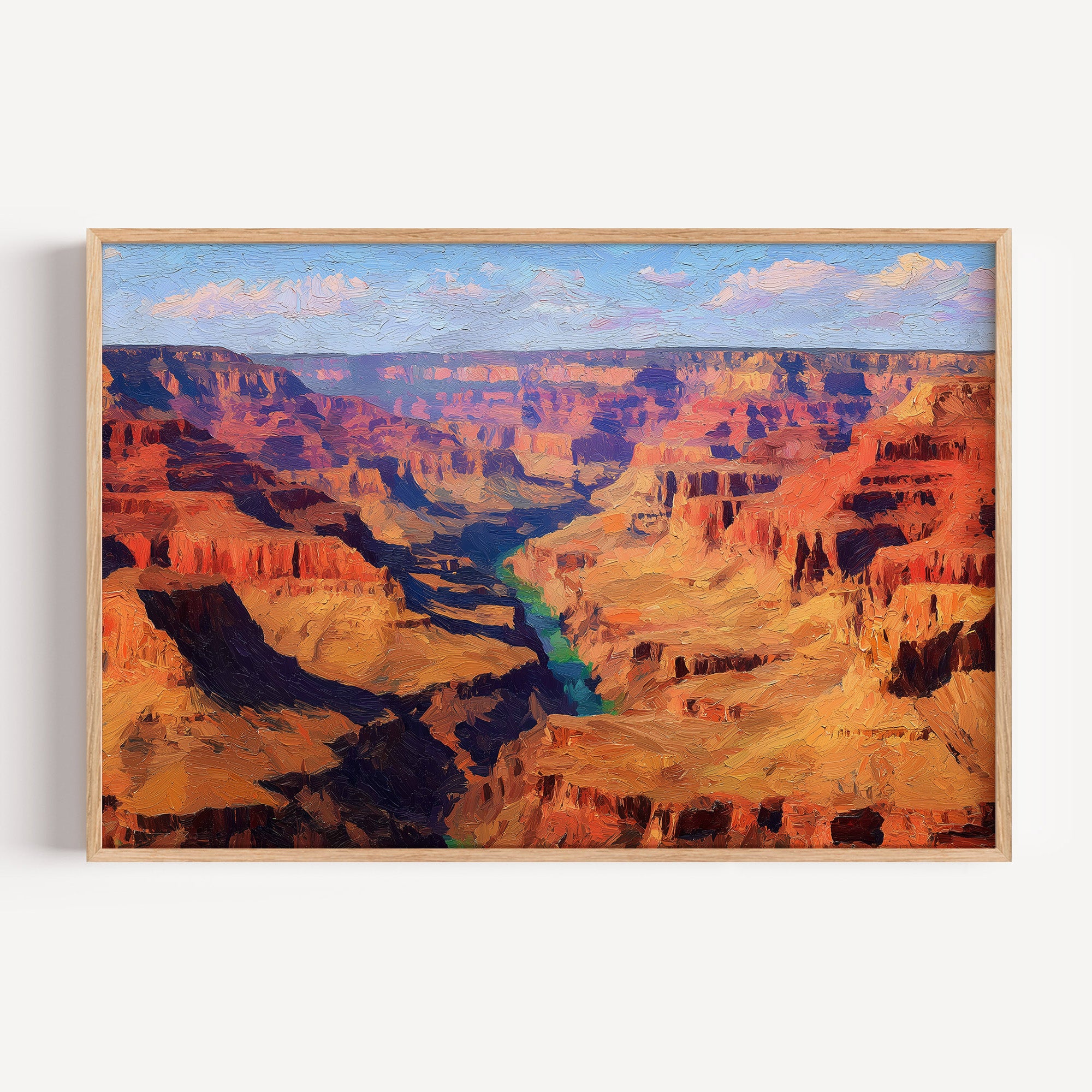 Grand Canyon National Park oil painting print in a light oak frame: layered canyon walls at sunset