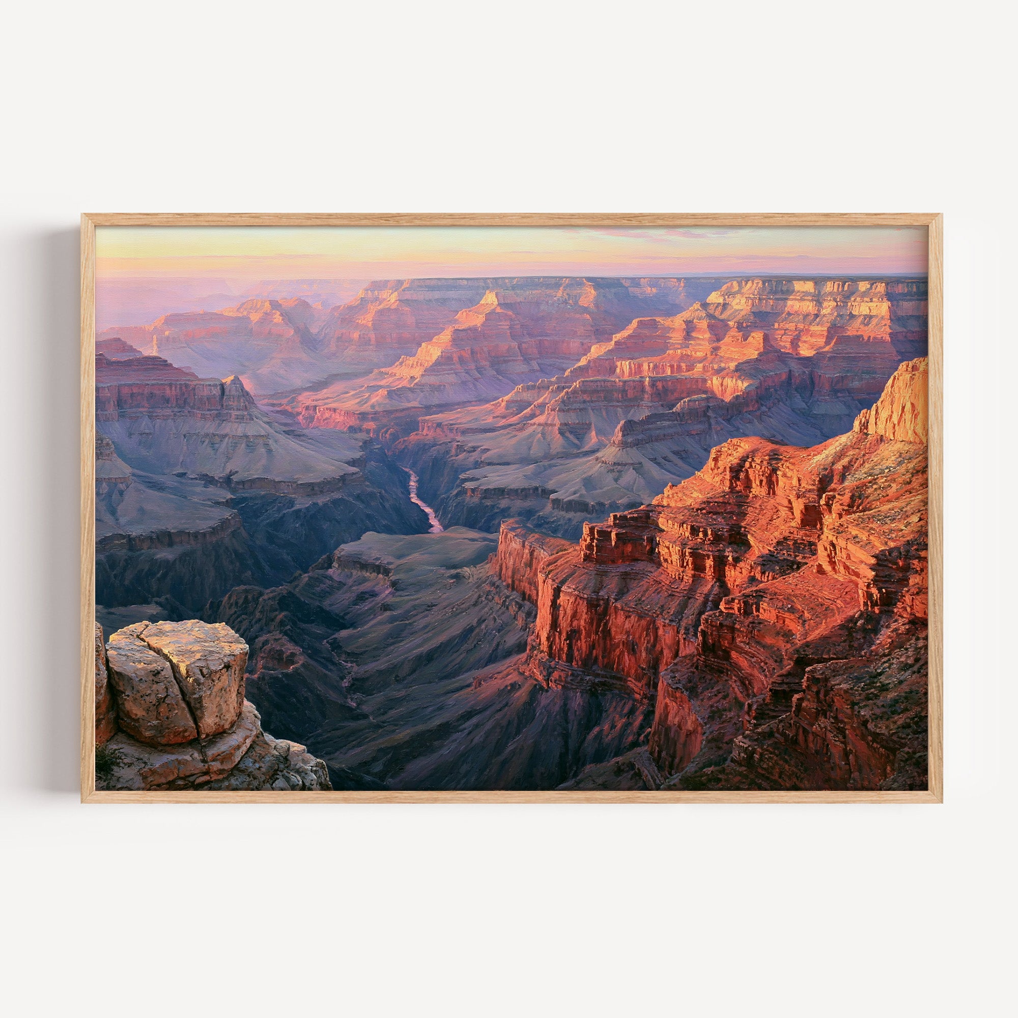 Grand Canyon National Park classical oil painting print in an oak frame: sunrise across the canyon