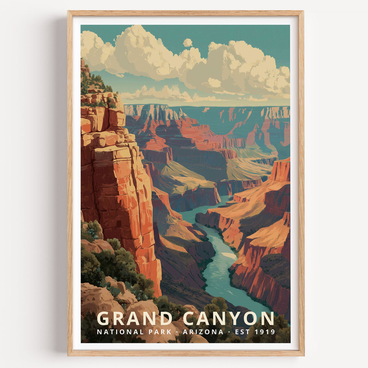 Grand Canyon National Park retro travel poster — layered canyon walls dropping to the Colorado River a mile below, Arizona