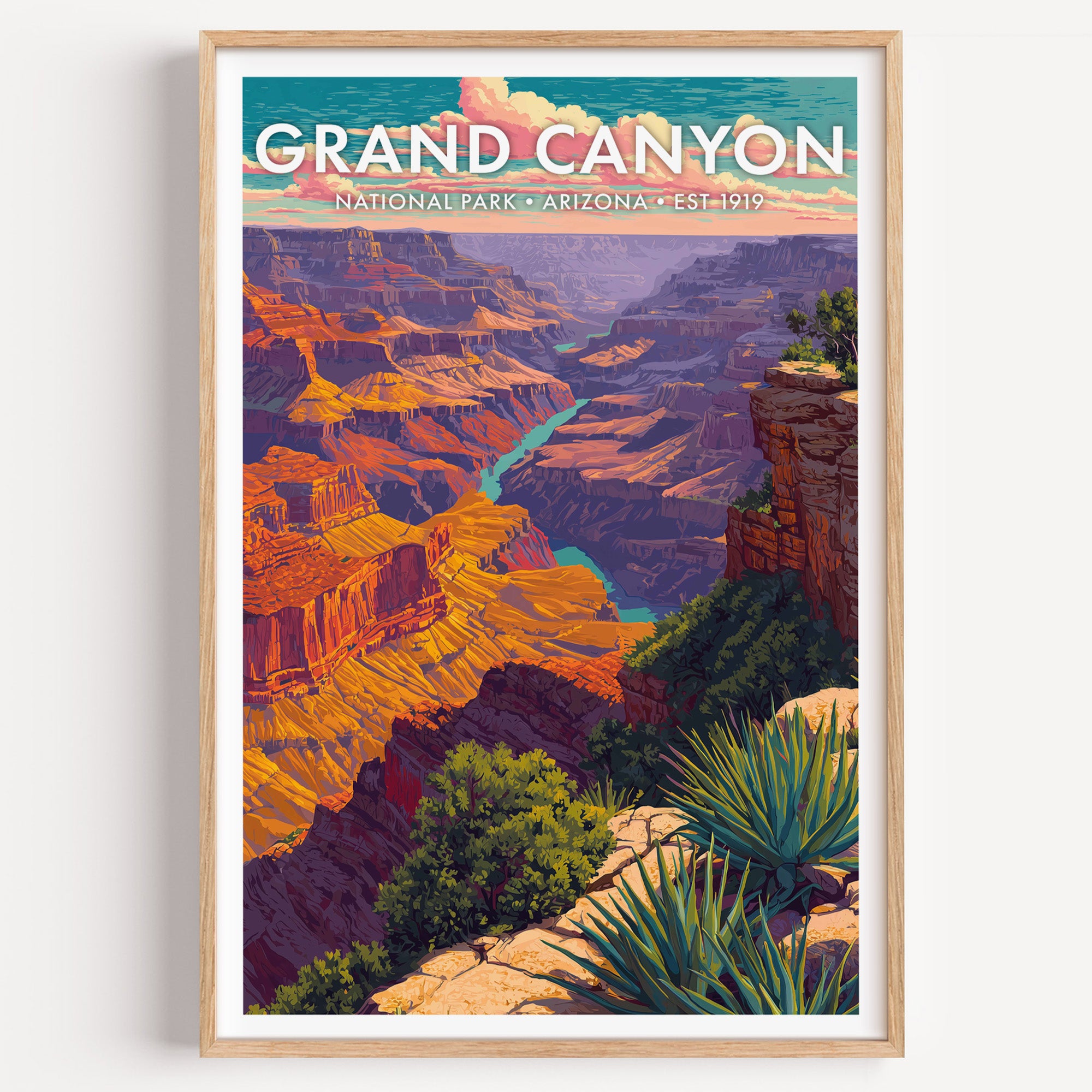 Grand Canyon National Park mid-century modern art print — ridge after ridge of layered rock falling into blue shadow