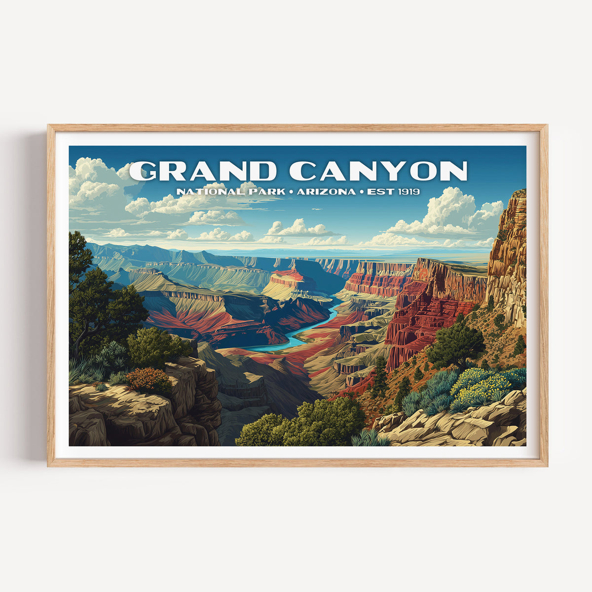 Layered red canyon walls with the Colorado River winding turquoise far below — Grand Canyon National Park vintage WPA travel poster print