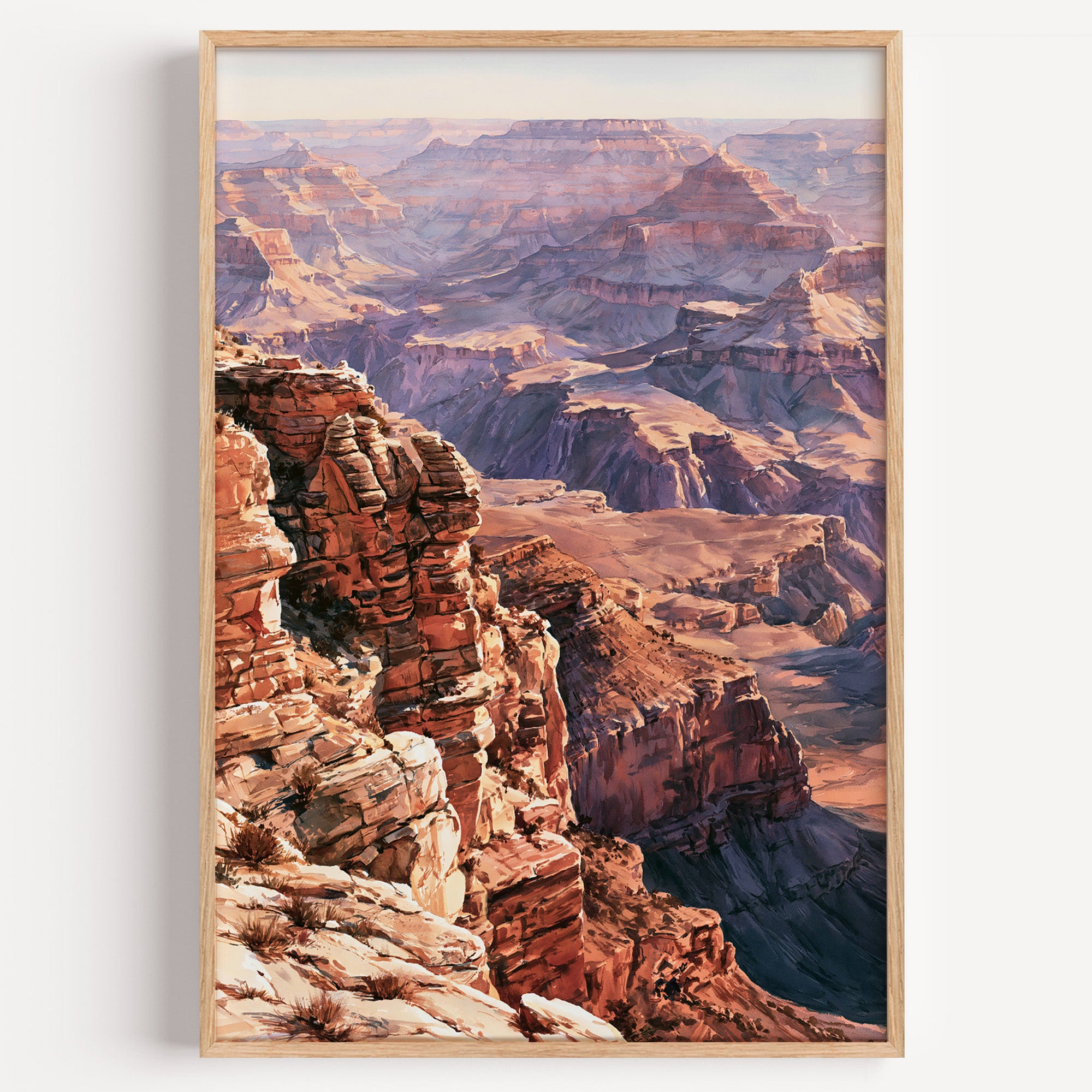 Grand Canyon National Park watercolor art print: layered red and violet buttes seen from the South Rim