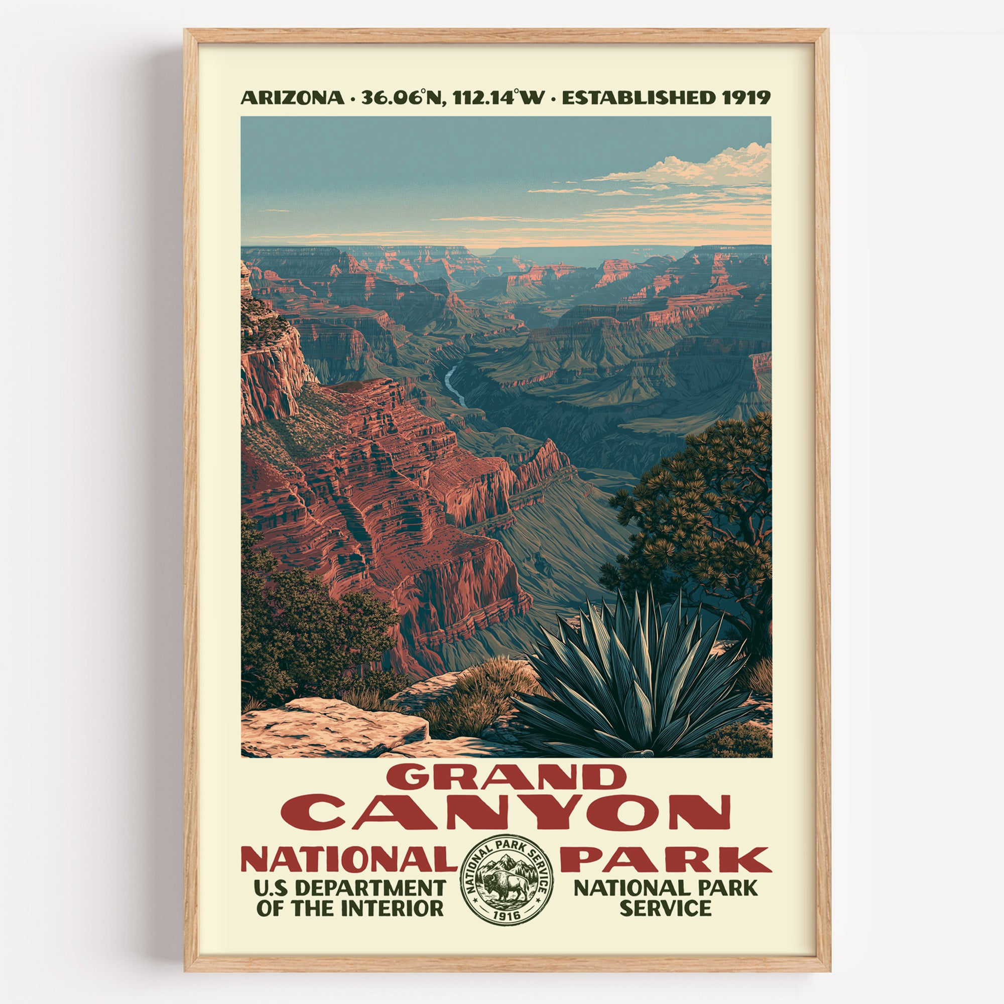 Grand Canyon National Park vintage WPA poster in a wood frame, layered red buttes receding into canyon haze at sunset
