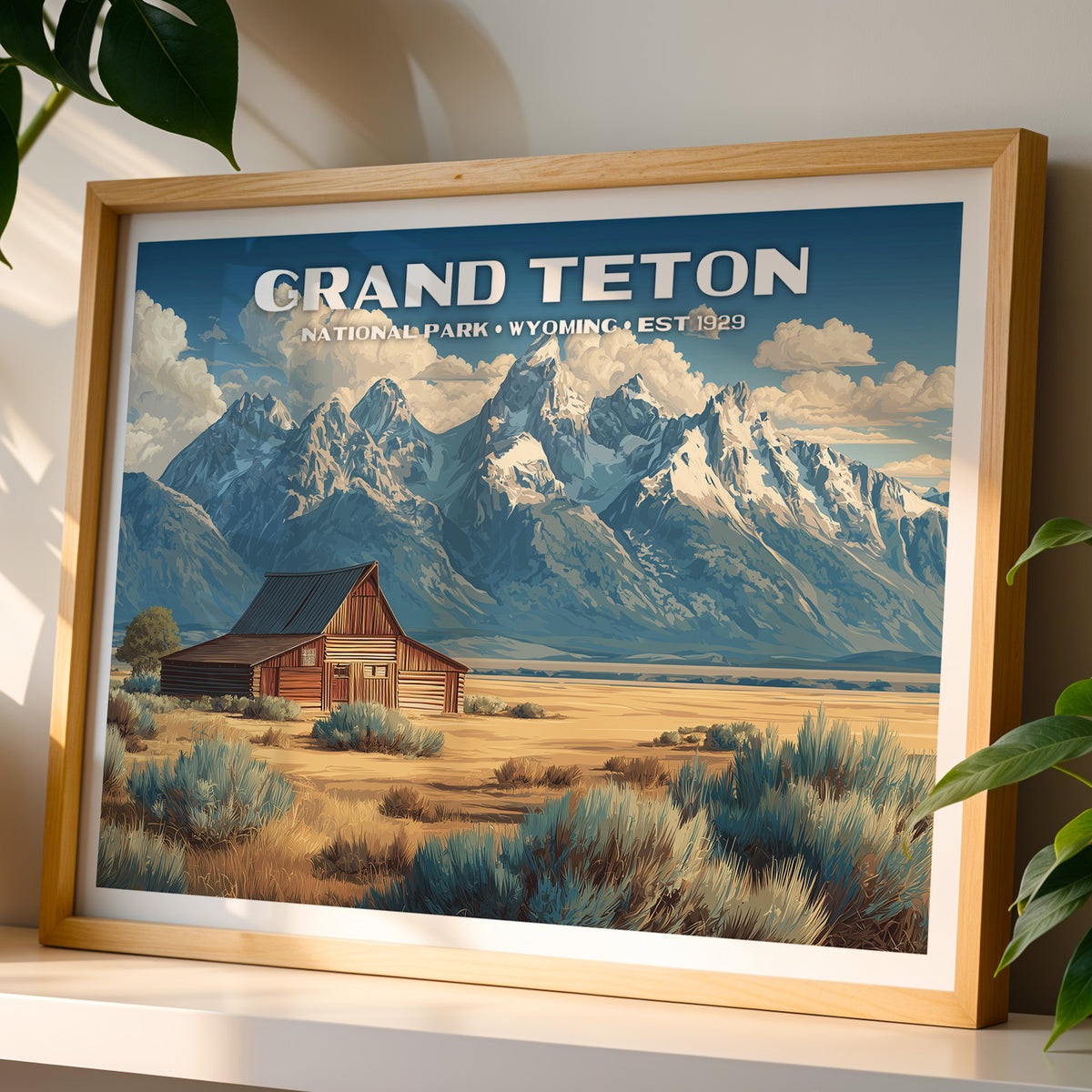 Grand Teton National Park wall art print in a light oak frame, leaning on a white shelf in warm sunlight beside a monstera plant