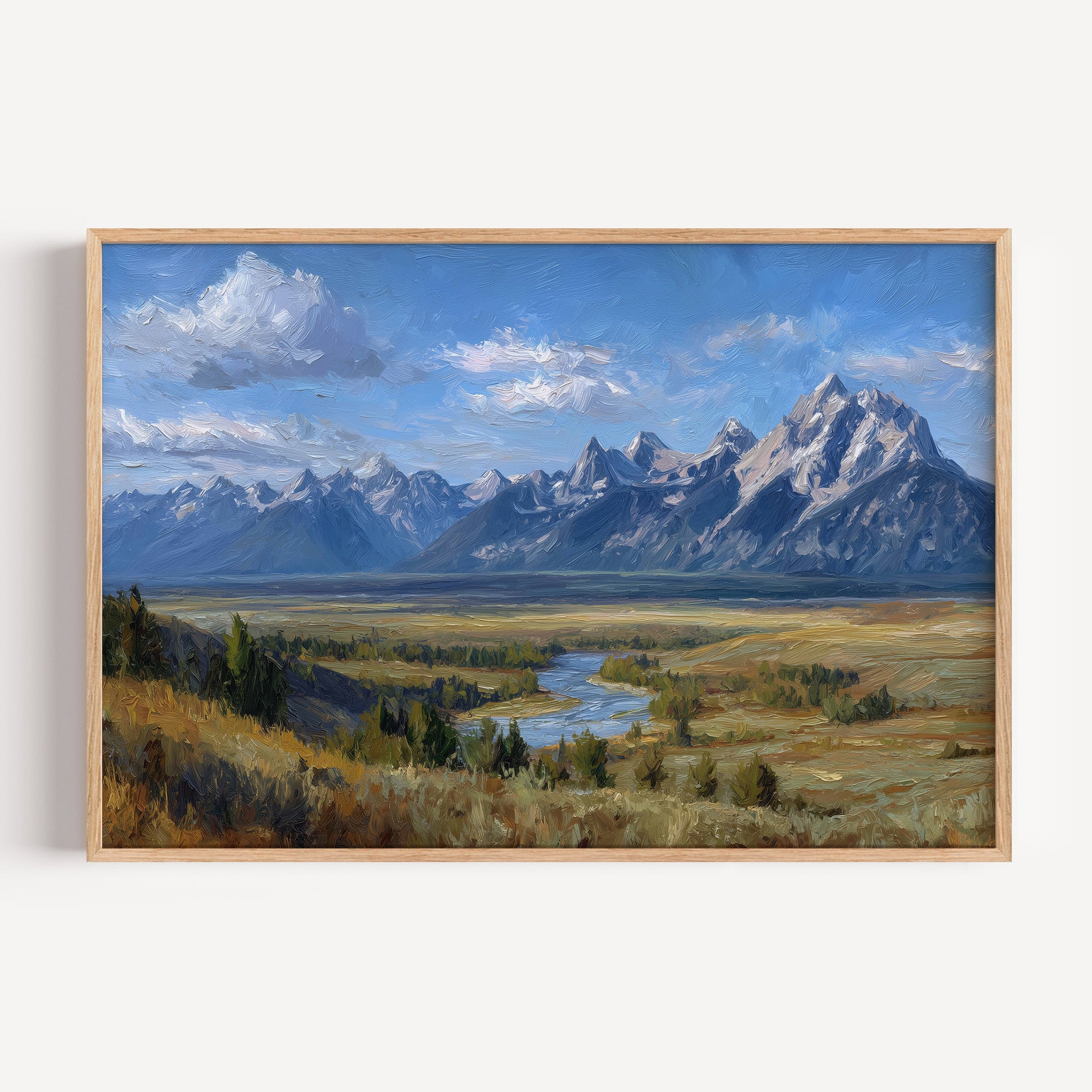 Grand Teton National Park oil painting print in a light oak frame: the Teton range above the Snake River