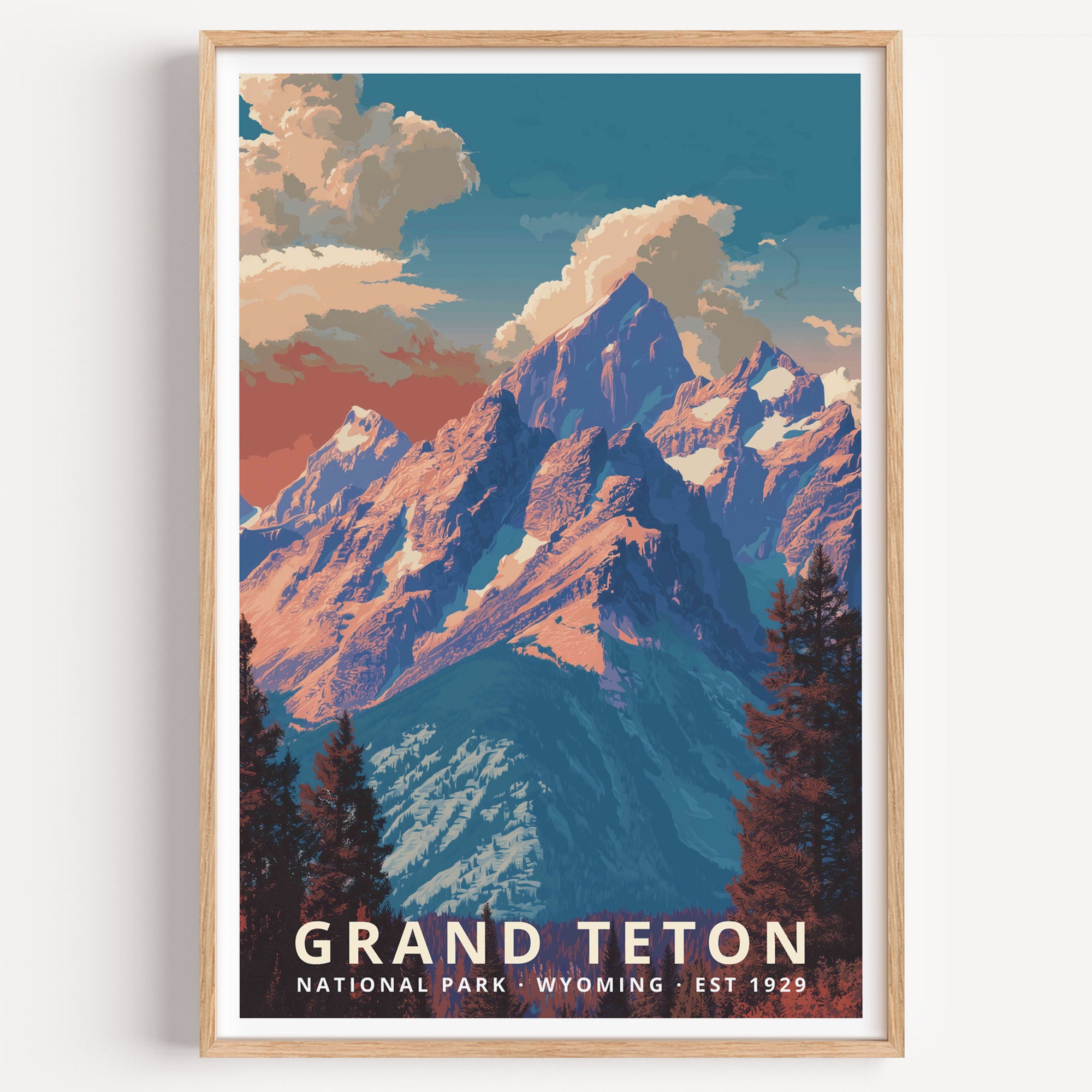 Grand Teton National Park retro travel poster — the jagged Teton range lit pink and violet above dark conifers, Wyoming