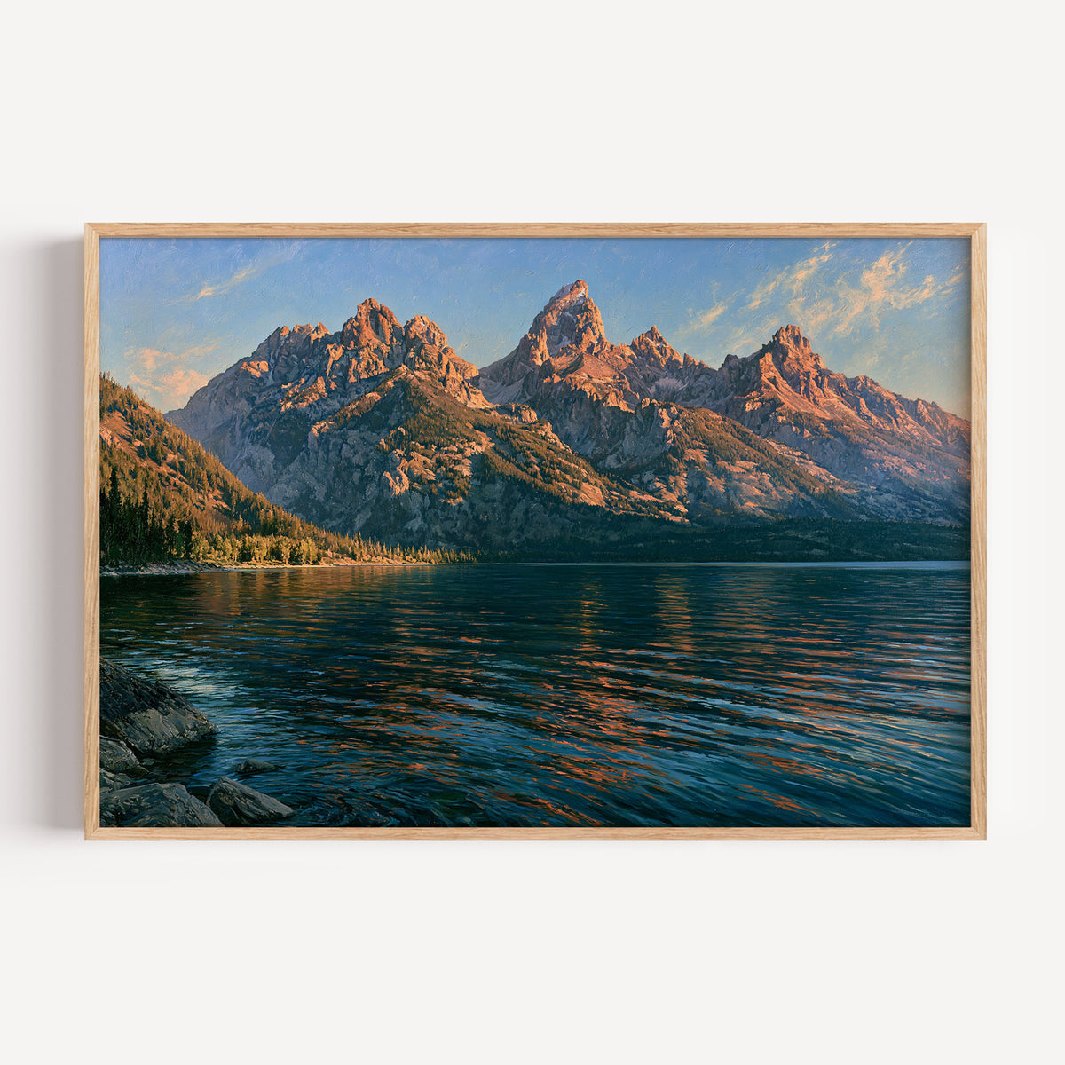 Grand Teton National Park classical oil painting print in an oak frame: the Tetons above a lake