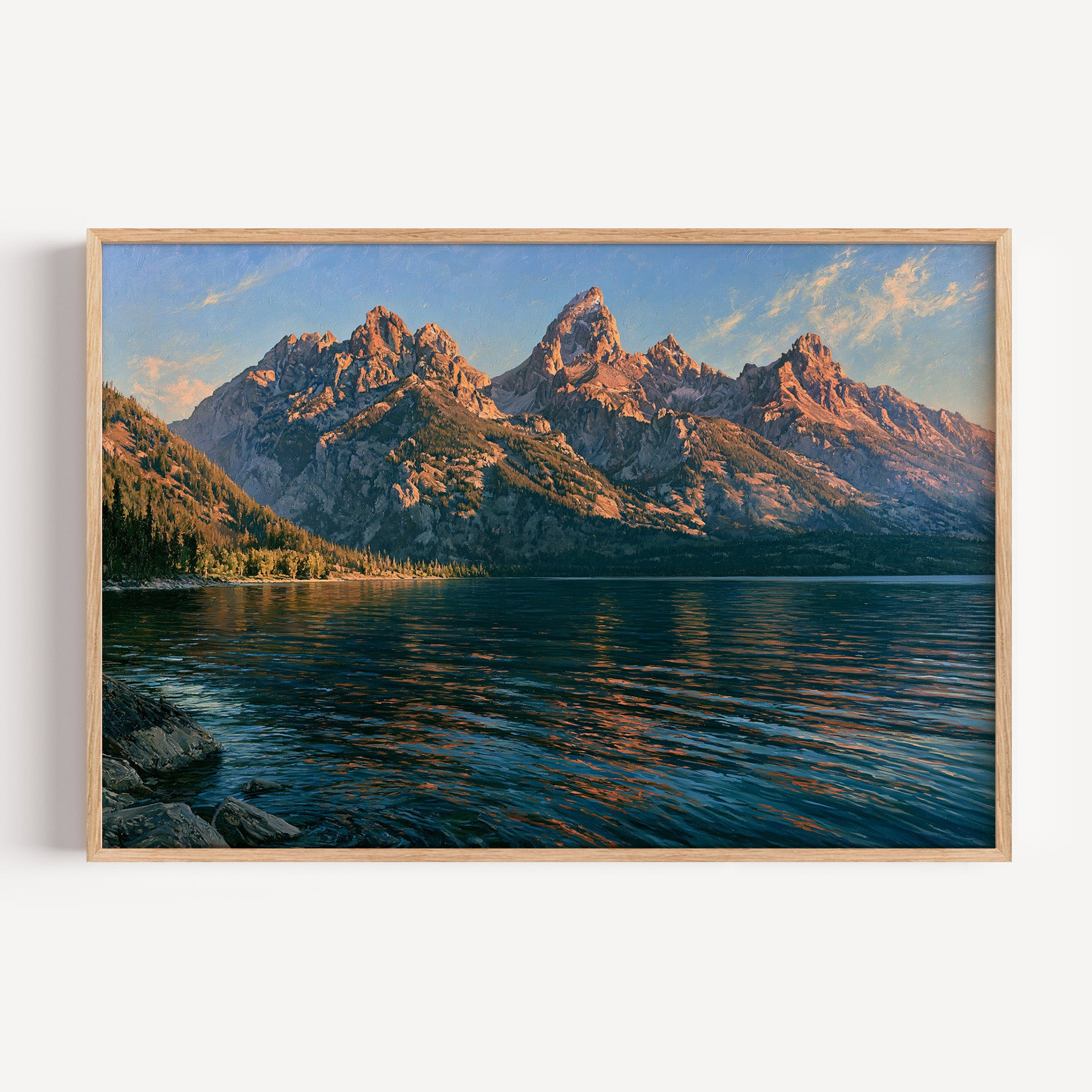Grand Teton National Park classical oil painting print in an oak frame: the Tetons above a lake