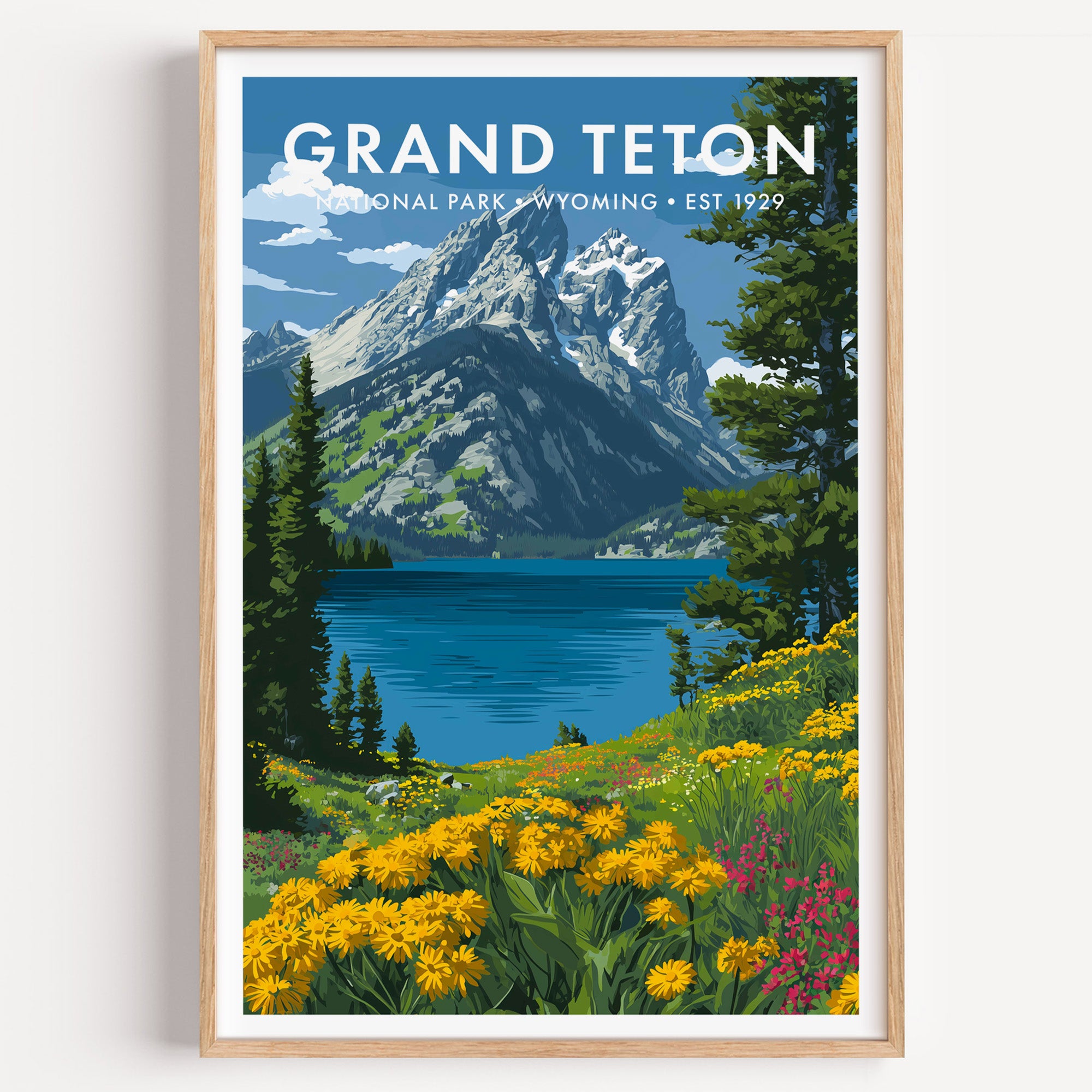 Grand Teton National Park mid-century modern art print — the grey granite Teton range rising straight out of a still blue lake