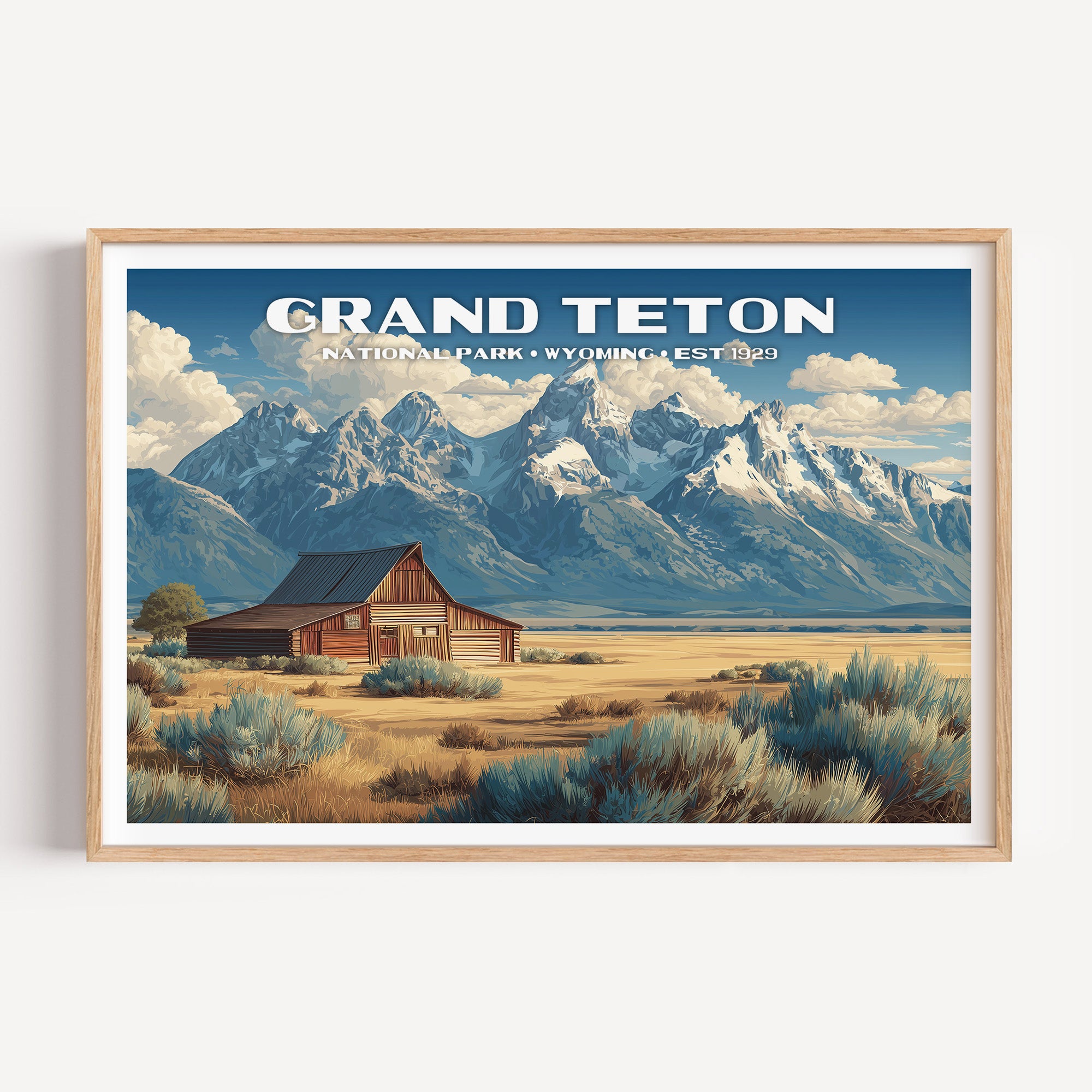 The weathered Moulton Barn on sagebrush flats below the snow-capped Teton Range — Grand Teton National Park vintage WPA travel poster print