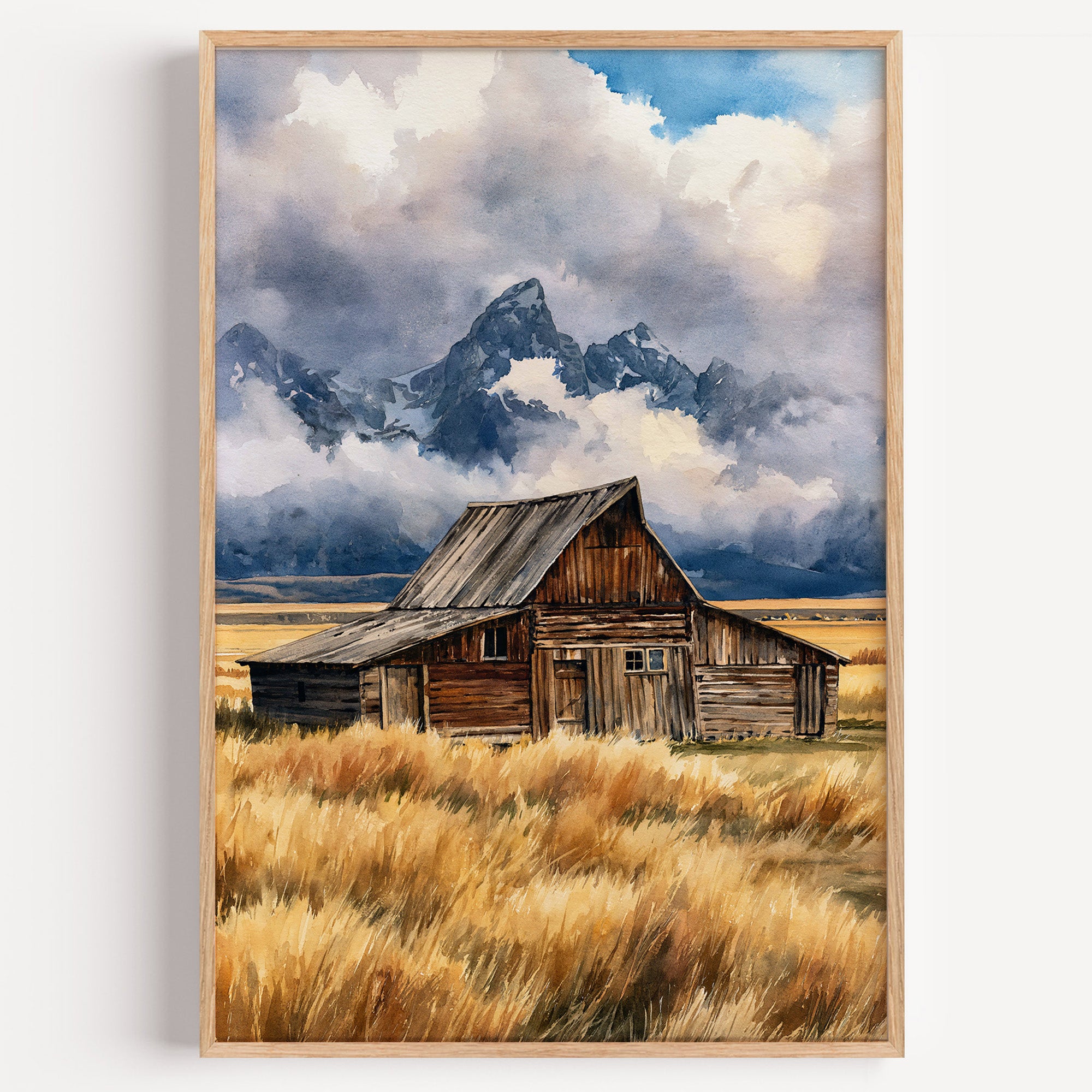 Grand Teton National Park watercolor art print: weathered Moulton barn on Mormon Row below the Teton peaks