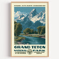 Grand Teton National Park vintage WPA poster in a wood frame, the Teton range mirrored in the Snake River below