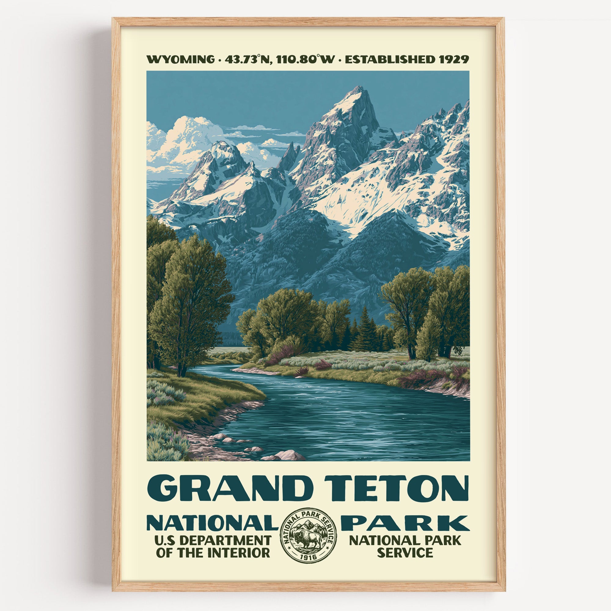 Grand Teton National Park vintage WPA poster in a wood frame, the Teton range mirrored in the Snake River below