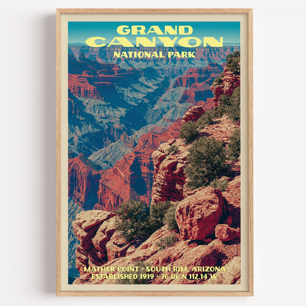 Mather Point Grand Canyon vintage poster in a light oak frame on a plain white wall
