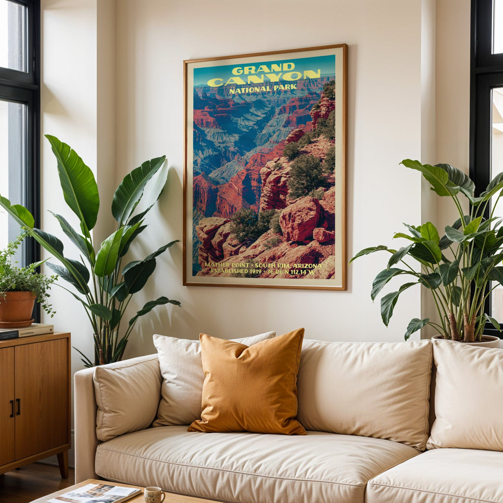 Grand Canyon vintage travel print in oak above a cream sofa with a rust cushion and tall houseplants