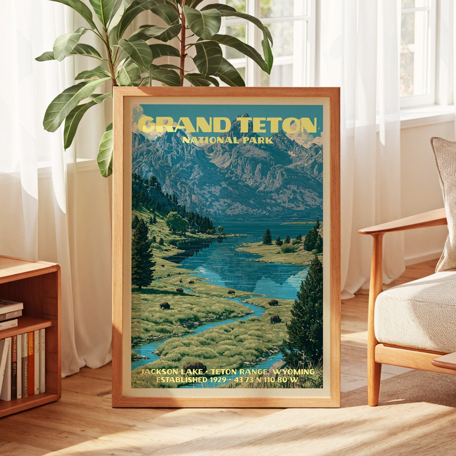 Grand Teton vintage poster in oak, leaning by a sunlit window with sheer curtains and a low bookshelf