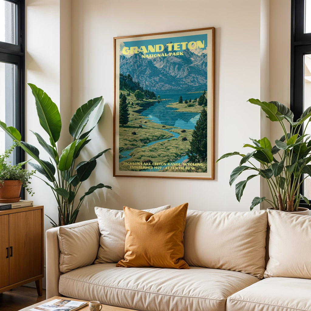 Grand Teton vintage travel print in oak above a cream sofa with a rust cushion and tall houseplants