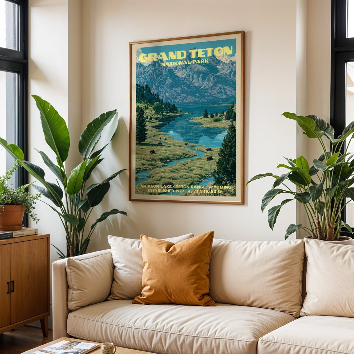 Grand Teton vintage travel print in oak above a cream sofa with a rust cushion and tall houseplants