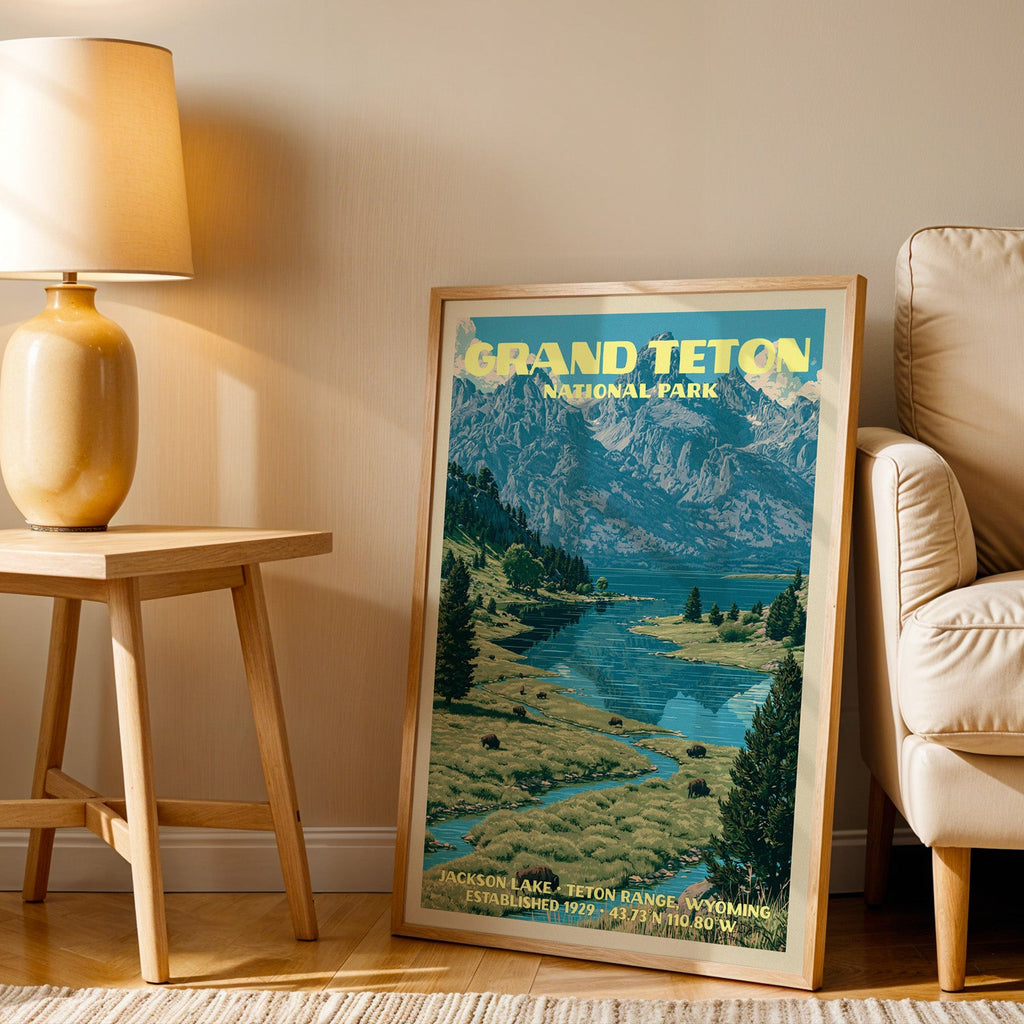 Jackson Lake Grand Teton wall art in oak, leaning by an armchair and a side table with an ochre lamp