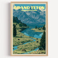 Jackson Lake Grand Teton vintage poster in a light oak frame on a plain white wall