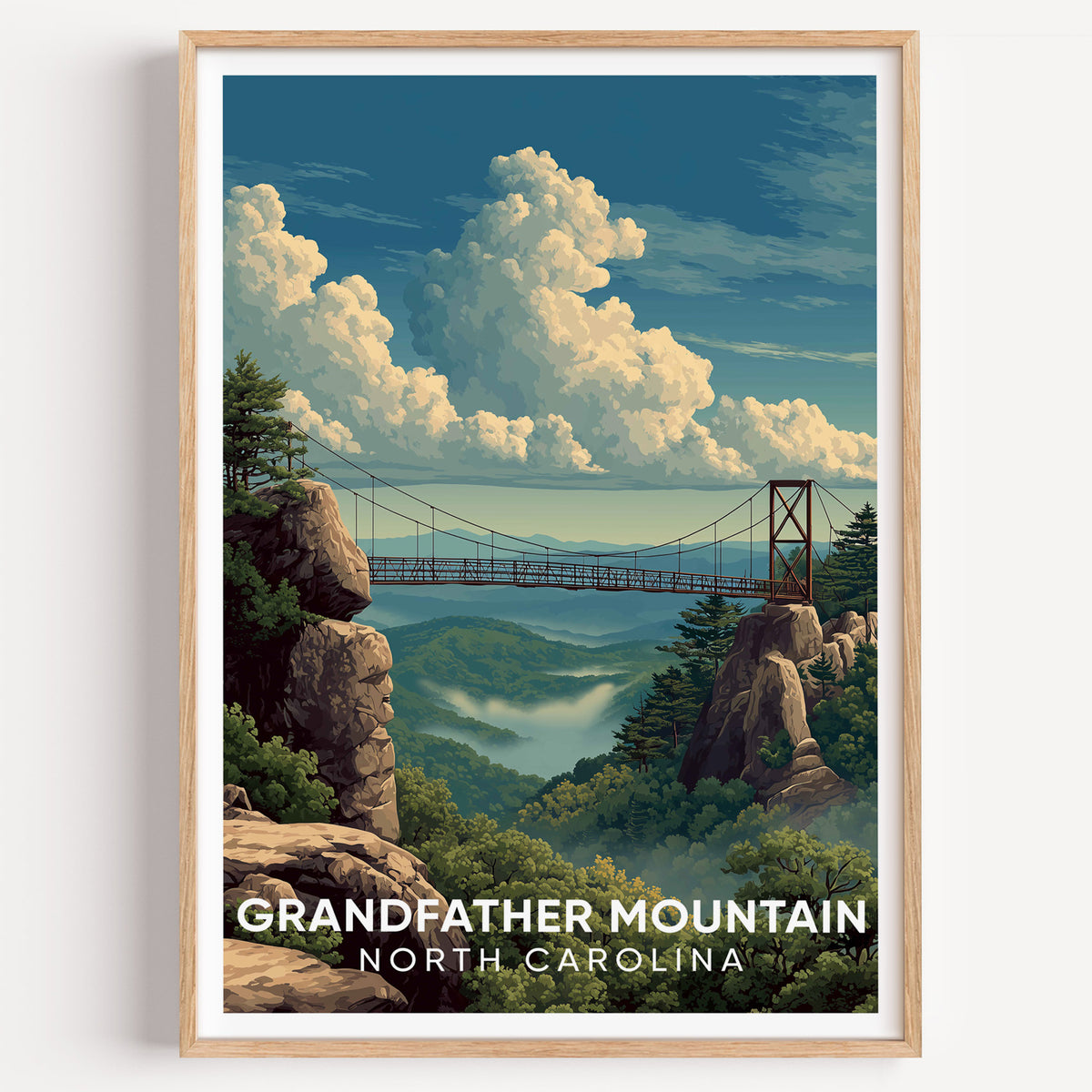 Grandfather Mountain North Carolina travel poster in an oak frame on a plain white wall, shot square on
