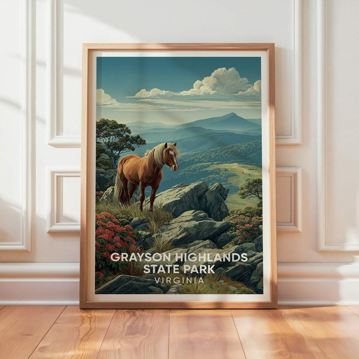 Rhododendron and pony travel print in oak leaning on a textured white wall with sun on the wood floor