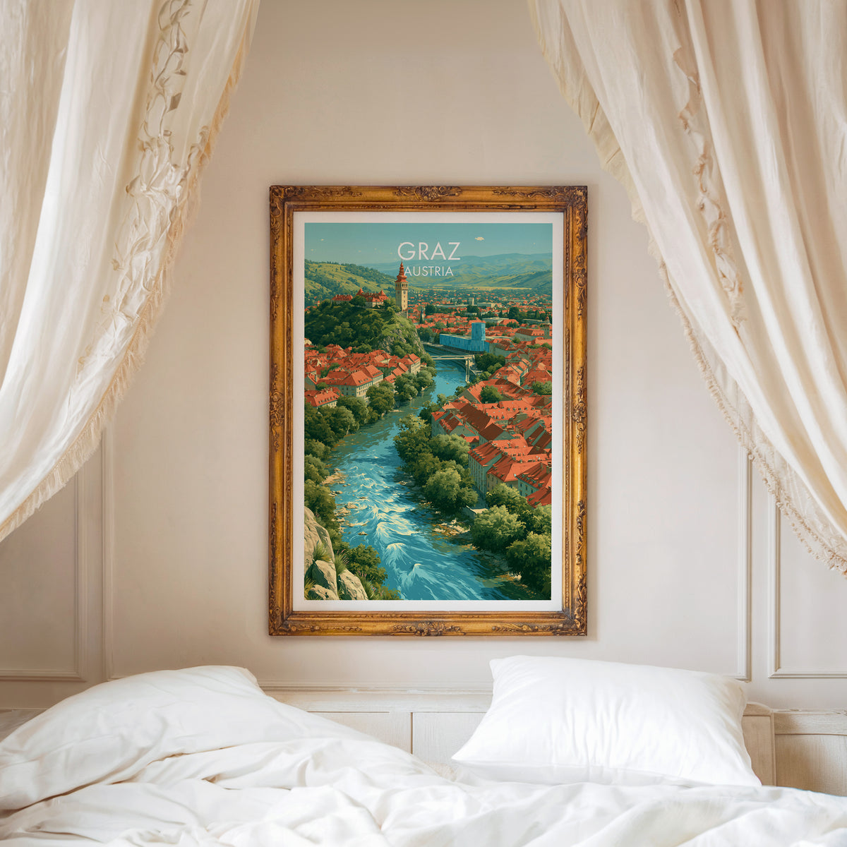 Graz travel poster, ornate gold frame above a white bed with linen canopy curtains