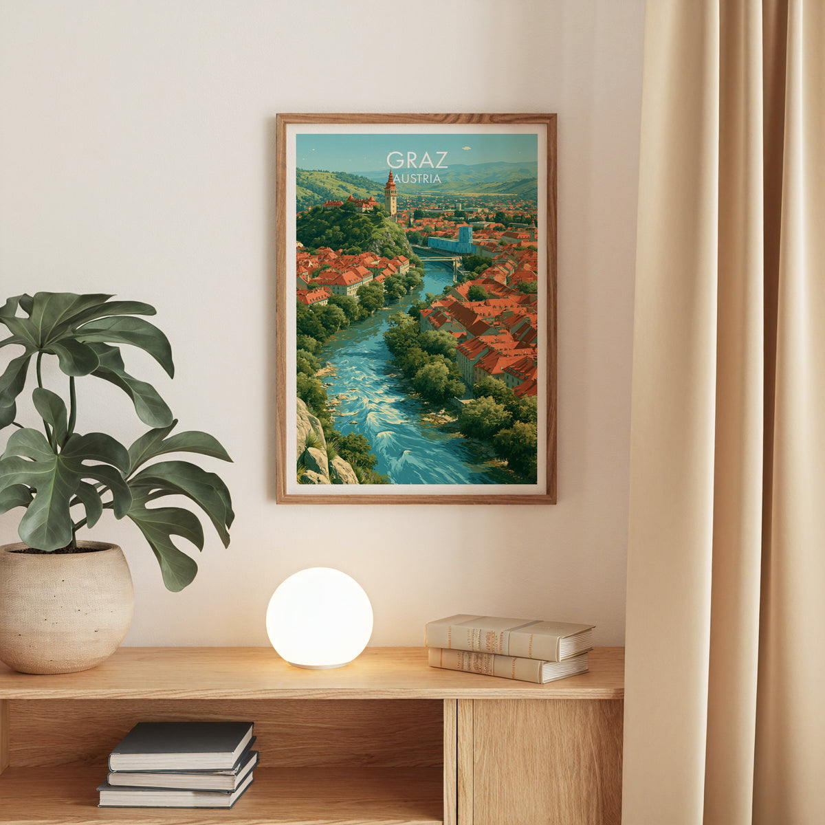 Graz clock tower print, oak frame above an oak console with a monstera and a round globe lamp