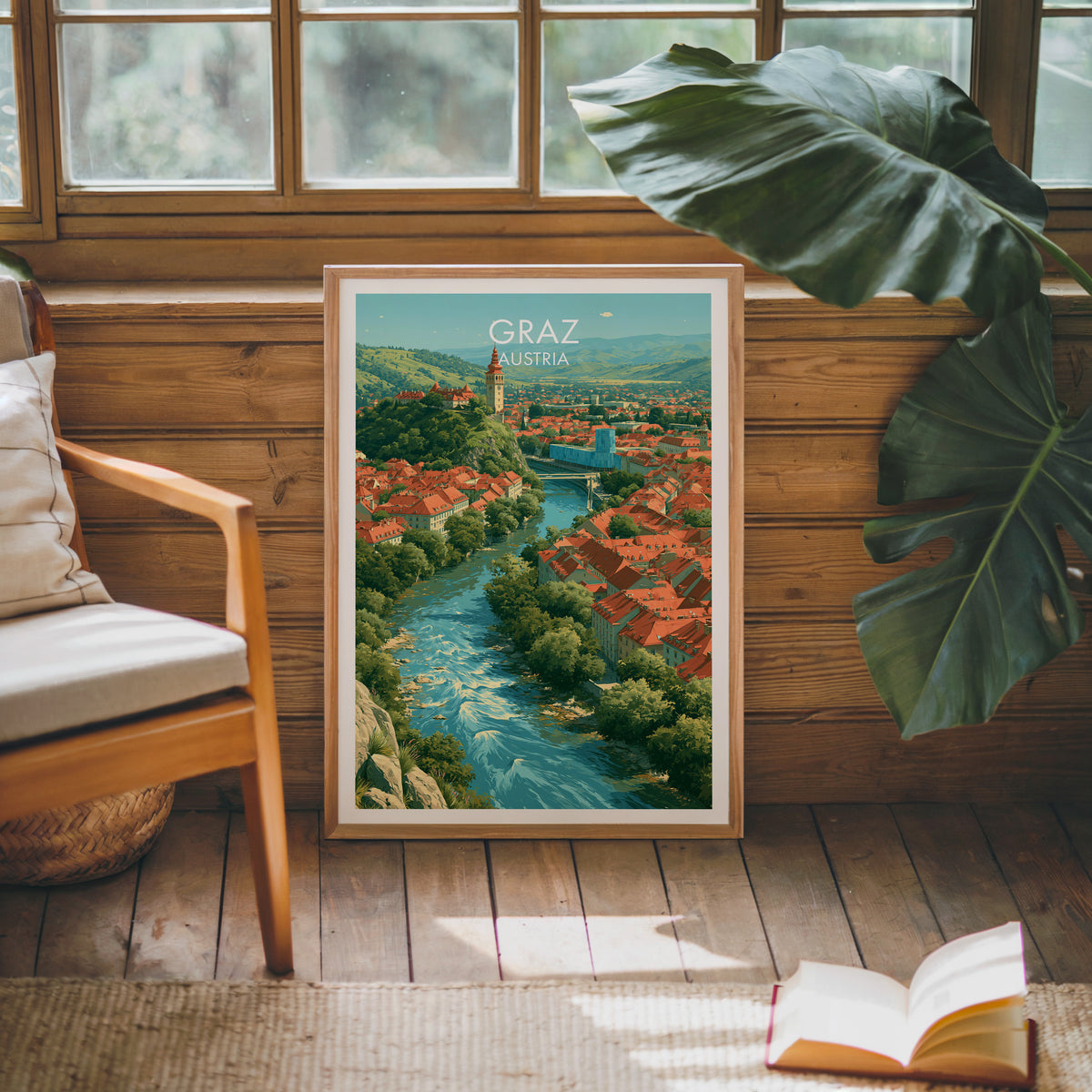 Graz travel poster, oak frame leaning on a wood-panelled sunroom wall by a mid-century armchair