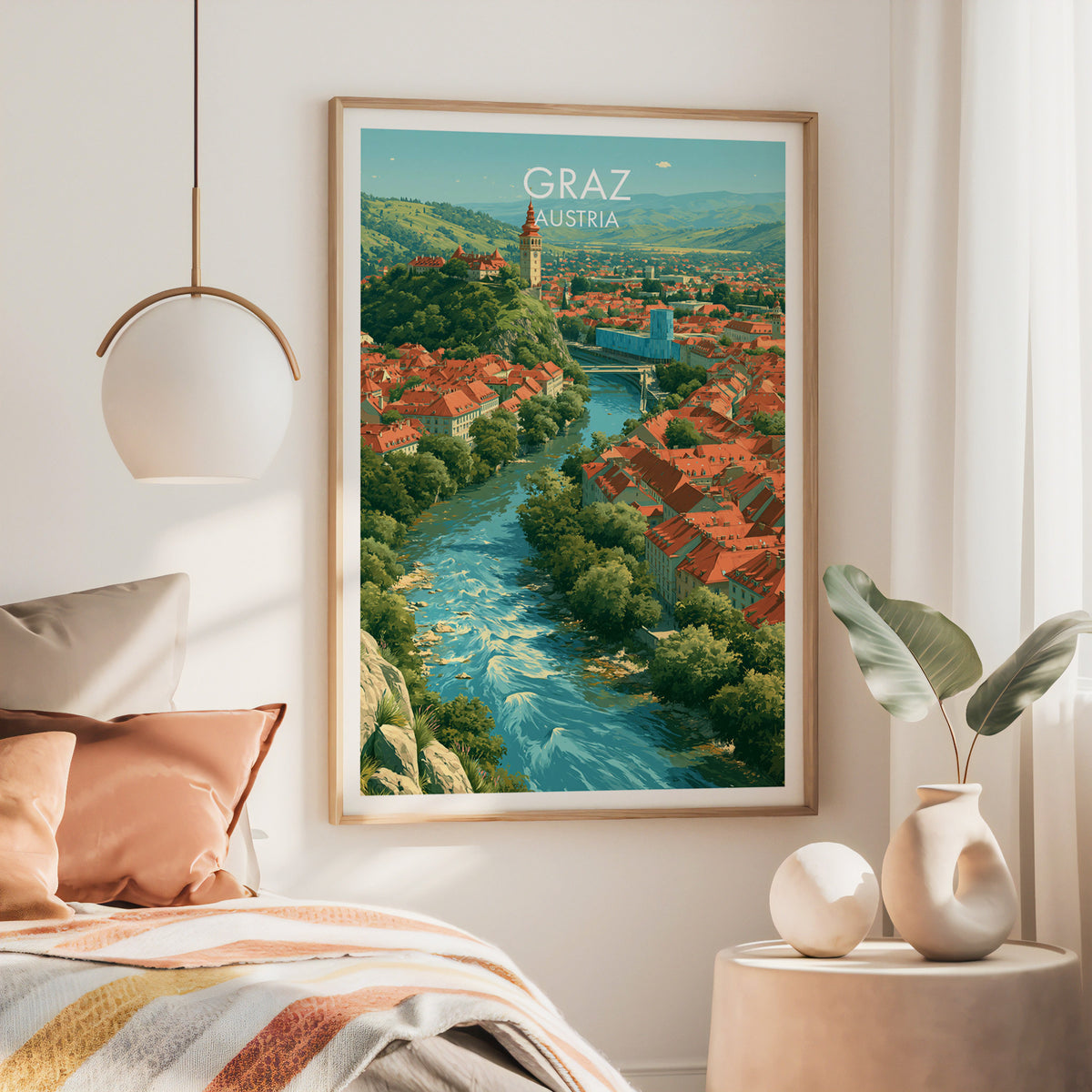 Graz Austria wall art, large oak frame above a bed with rust bedding and a brass globe pendant