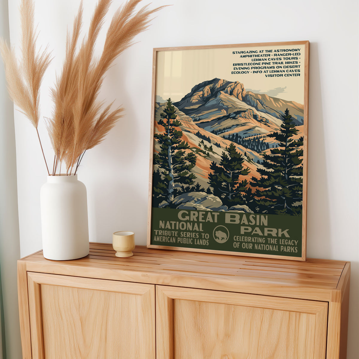 Great Basin National Park wall art leaning on an oak sideboard with pampas grass in a vase