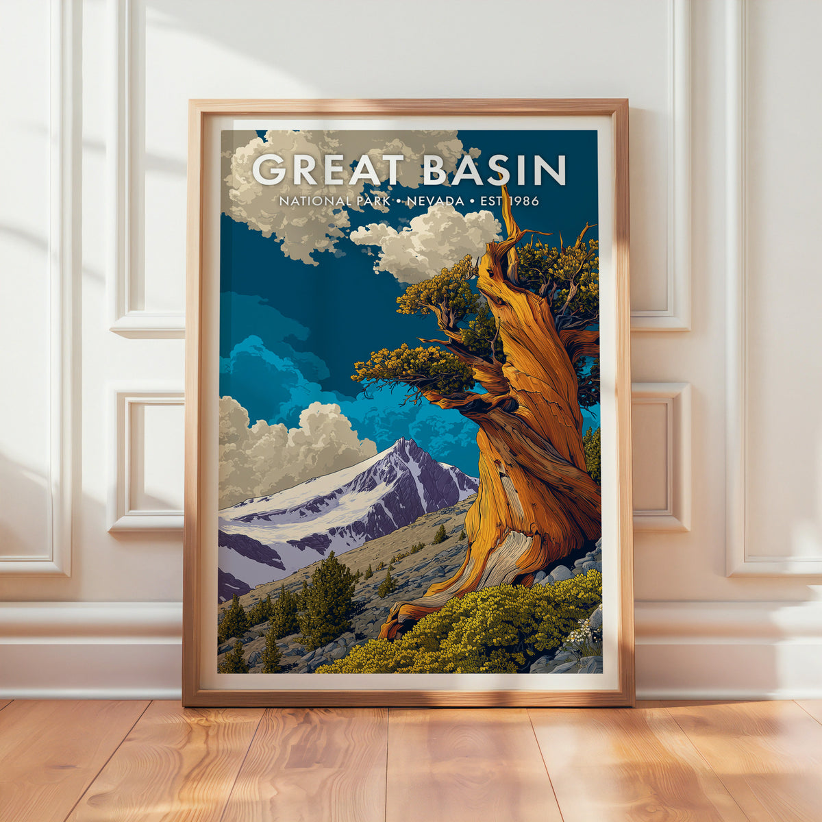 Great Basin National Park mid-century modern art print in a light oak frame leaning against a panelled white wall on a wood floor