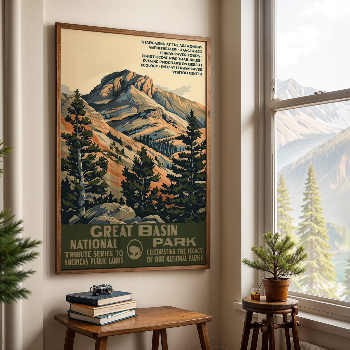 Great Basin National Park wall art hung by a window with a mountain view and a side table