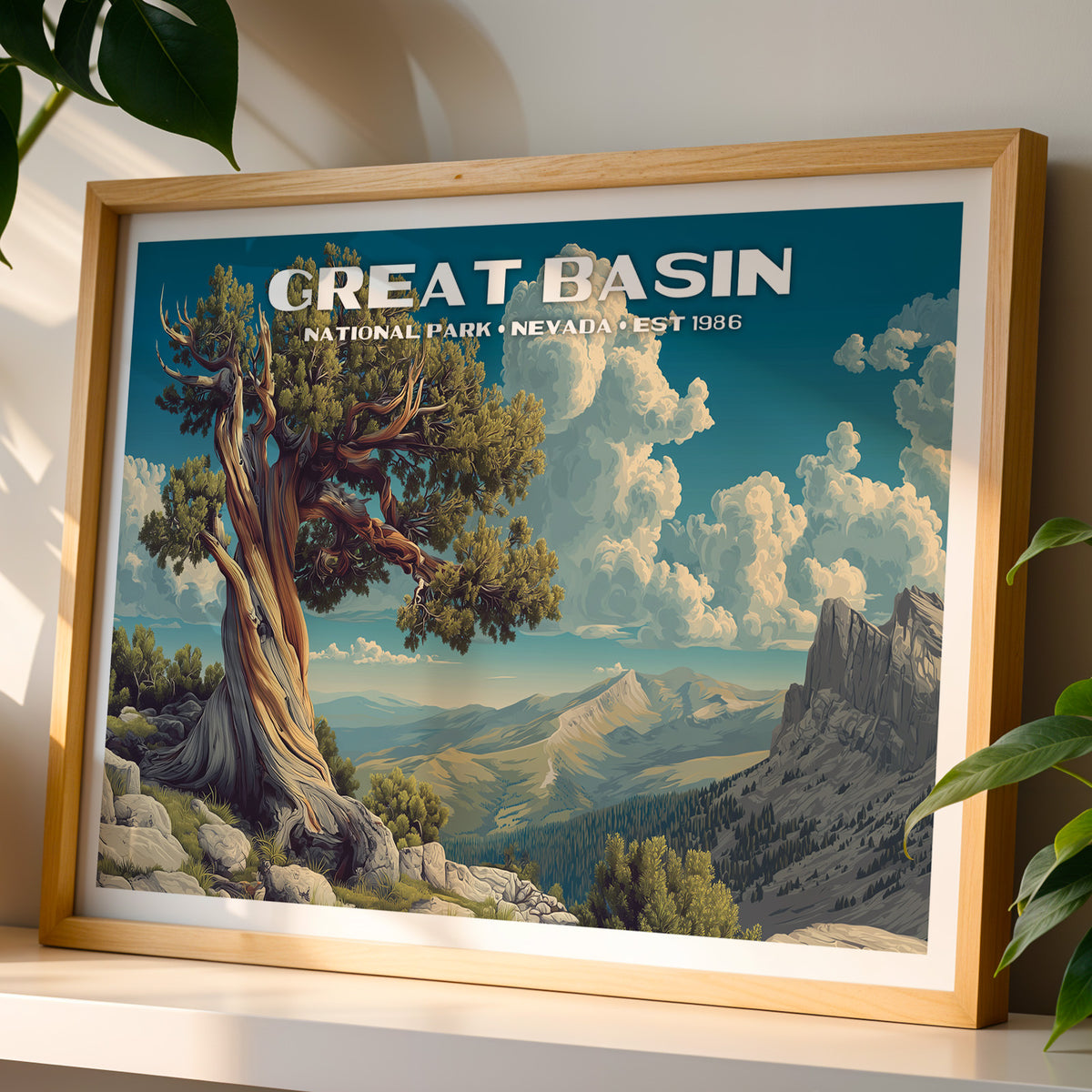 Great Basin National Park wall art print in a light oak frame, leaning on a white shelf in warm sunlight beside a monstera plant