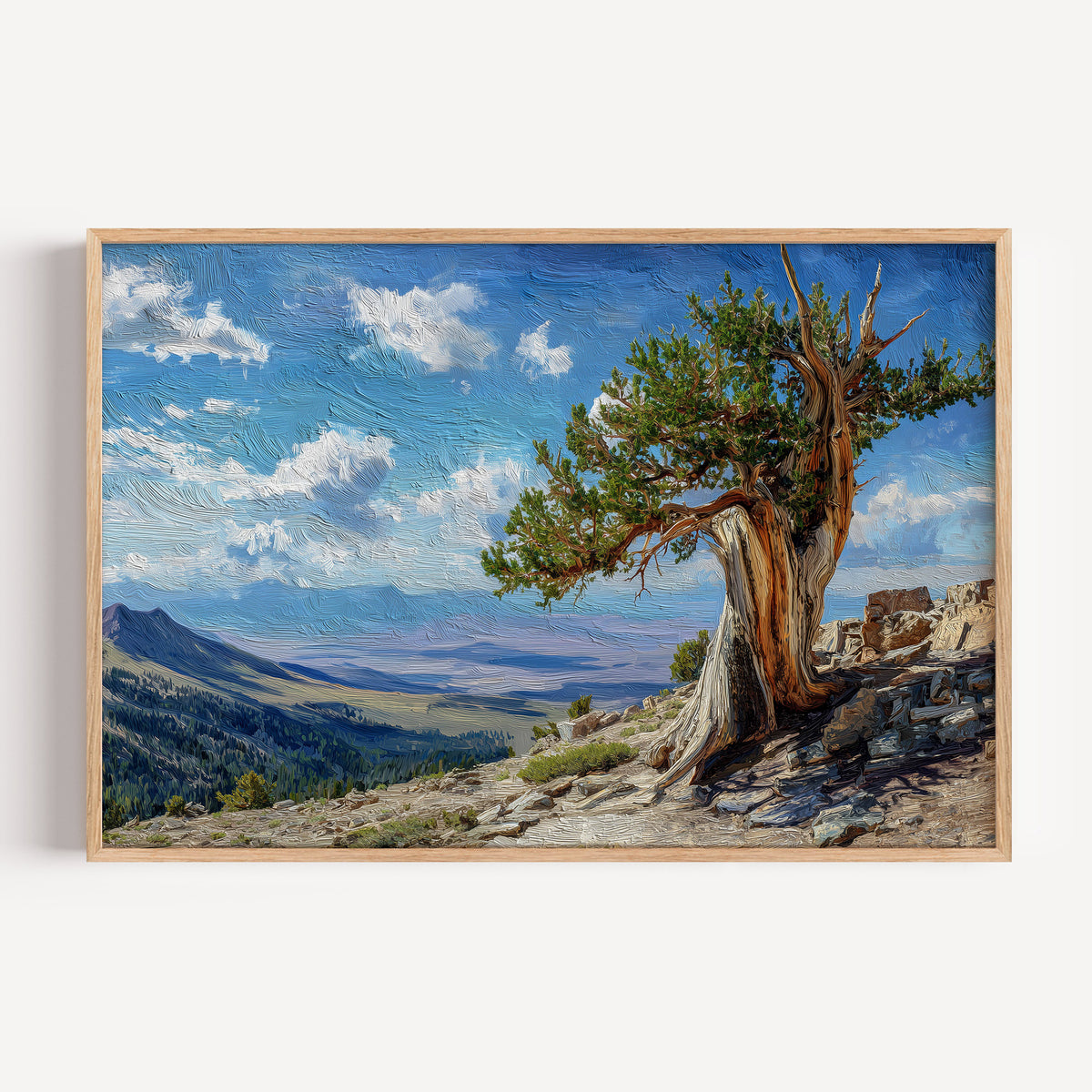 Great Basin National Park oil painting print in a light oak frame: a bristlecone pine on a rocky ridge